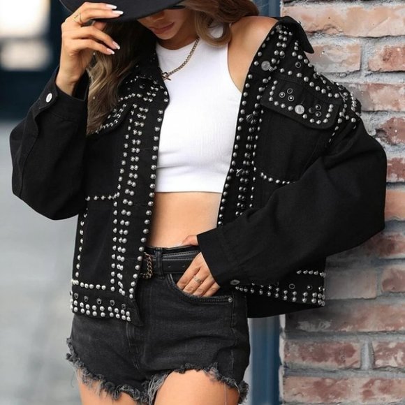Boho Black Studded design Black Denim Jacket - Picture 3 of 6